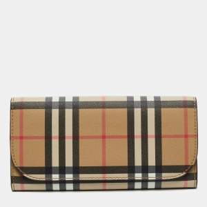 Pre Owned Burberry Beige Icon Stripe Coated Fabric Flap Continental Wallet