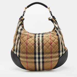 Burberry Beige/Black House Check Fabric and Leather Oversize Hoxton Hobo