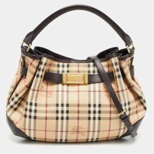 Pre Owned Burberry Beige/Brown Haymarket Check Coated Canvas and Leather Medium Willenmore Hobo