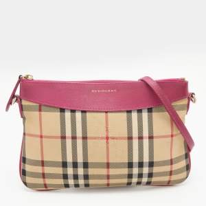 Pre Owned Burberry Beige/Pink Horseferry Check Canvas and Leather Peyton Crossbody Bag
