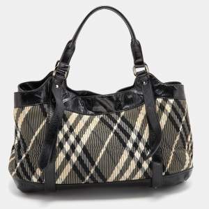 Pre Owned Burberry Black/Grey Beat Check Nylon and Patent Leather Lowry Tote