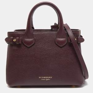 مملوكة مسبقًا Burberry Burgundy/Beige Leather and House Check Fabric Small Banner Tote
