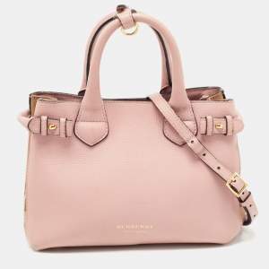 Burberry Pink/Beige Leather and House Check Fabric Small Banner Tote