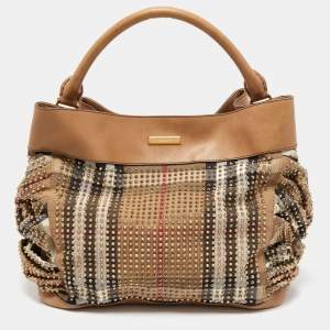 Pre Owned Burberry Beige House Check Canvas and Leather Pleated Studded Hobo