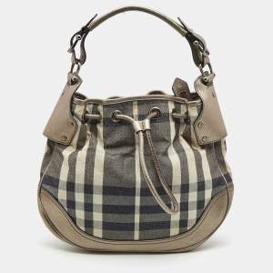 Pre Owned Burberry Metallic/Grey Beat Check Canvas and Leather Drawstring Hobo