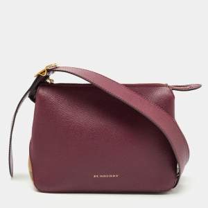 Pre Owned Burberry Burgundy Leather And House Check Fabric Helmsley Crossbody Bag