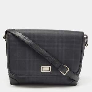 Pre Owned Burberry Black Beat Check Coated Canvas and Leather Flap Shoulder Bag