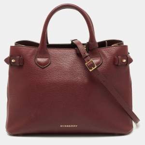 مملوكة مسبقًا Burberry Burgundy Leather and House Check Fabric Medium Banner Tote