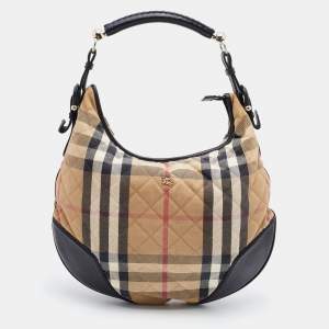 Pre Owned Burberry Beige/Black House Check Canvas and Leather Hoxton Hobo