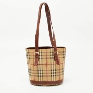 Pre Owned Burberry Beige/Brown Haymarket Coated Canvas and Leather Bucket Bag