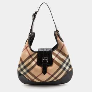 Pre Owned Burberry Black/Beige Nova Check PVC and Patent Leather Large Brooke Hobo