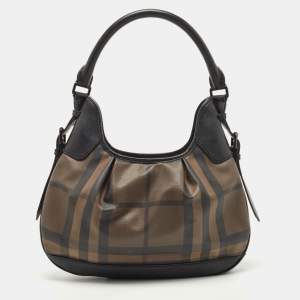 Pre Owned Burberry Black/Dark Burgundy House Check PVC and Leather Small Brooklyn Hobo