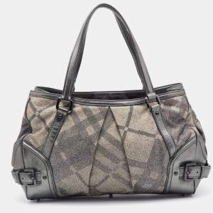 Pre Owned Burberry Metallic Grey Shimmer Nova Check Canvas and Leather Pilgrim Tote 