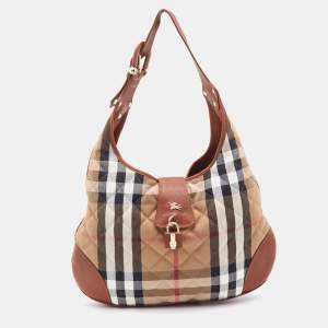 Pre Owned Burberry Beige/Tan House Check Canvas and Leather Brooke Hobo