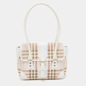 Burberry Pink/White House Check PVC and Leather Buckle Flap Satchel