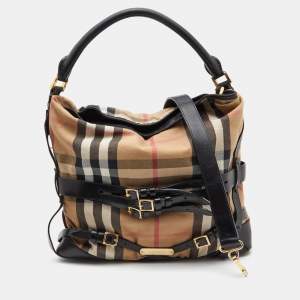 Pre Owned Burberry Beige/Black House Check Canvas and Leather Medium Bridle Gosford Hobo