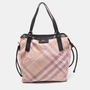 Burberry Pink/Black Check Nylon and Leather Buckleigh Tote