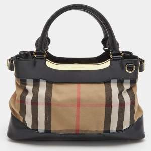 Pre Owned Burberry Black House Check Canvas and Leather Bridle Hepburn Tote