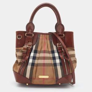 Pre Owned Burberry Brown House Check Canvas and Leather Bridle Whipstitch Tote