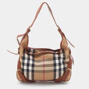 Pre Owned Burberry Beige/Brown House Check Canvas and Leather Hobo