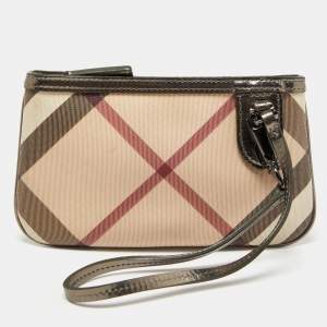 Pre Owned Burberry Beige Nova Check Coated Canvas and Patent Leather Zip Wristlet Clutch