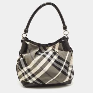 Pre Owned Burberry Black Beat Check Nylon and Patent Leather Hobo
