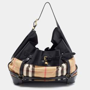 Pre Owned Burberry Black/Beige House Check Canvas and Leather Bridle Hobo