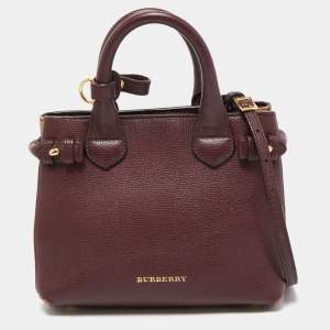 مملوكة مسبقًا Burberry Burgundy/Beige Leather and House Check Fabric Mini Banner Tote
