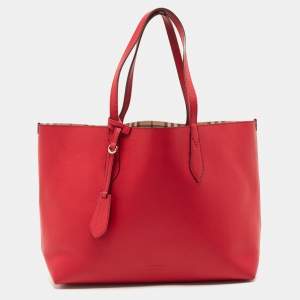 مملوكة مسبقًا Burberry Red/Beige Haymarket Leather Reversible Lavenby Tote
