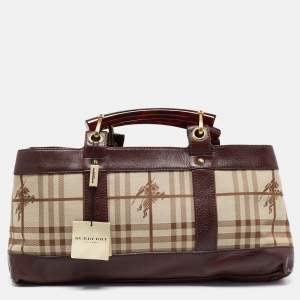 Burberry Brown/Beige Haymarket Check Canvas and Leather Middle Zip Tote