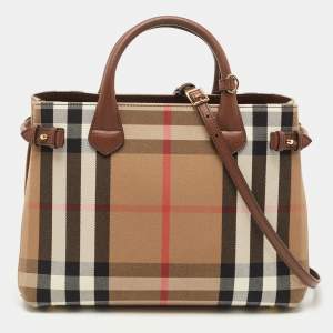Burberry Brown/Beige House Check Fabric and Leather Medium Banner Tote