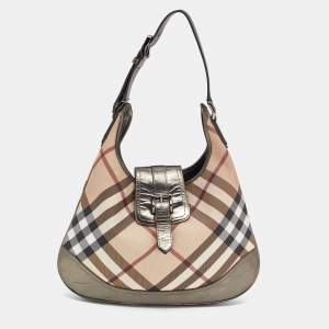 Pre Owned Burberry Metallic/Beige Nova Check PVC and Leather Brooke Hobo