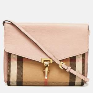 Pre Owned Burberry Pink/Beige House Check Canvas and Leather Macken Shoulder Bag