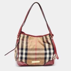 مملوكة مسبقًا Burberry Dark Red/Beige House Check Canvas and Leather Small Canterbury Tote