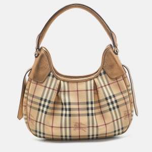 Pre Owned Burberry Beige/Gold Haymarket Check PVC and Leather Brooklyn Hobo