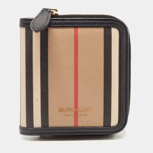 Pre Owned Burberry Black/Beige House Check PVC and Leather Allington Compact Wallet 