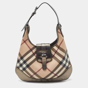 Pre Owned Burberry Metallic/Beige Nova Check PVC and Leather Brooke Hobo