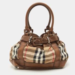Pre Owned Burberry Brown House Check Canvas and Leather Large Beaton Tote