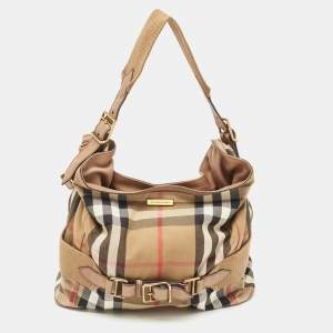 Pre Owned Burberry Beige House Check Canvas and Leather Brecon Hobo