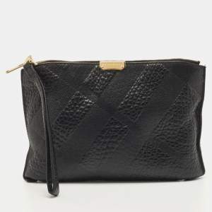 Pre Owned Burberry Black Grained Leather Wristlet Pouch  