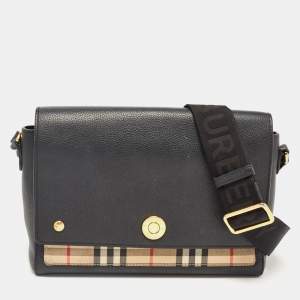 Pre Owned Burberry Black/Beige Check Canvas and Leather Note Shoulder Bag