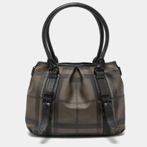 Pre Owned حقيبة يد بربري لوري جلد و PVC كاروهات سموكد بنية