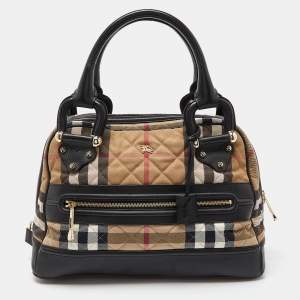 Pre Owned Burberry Beige/Black Quilted House Check Canvas and Leather Westbury Satchel
