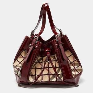 Burberry Red Nova Check Canvas and Patent Leather Large Warrior Armor Hobo