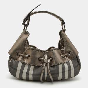 Pre Owned Burberry Metallic  Housecheck Fabric and Leather Warrior Hobo