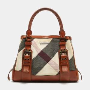 Pre Owned Burberry Brown Nova Check Fabric and Leather Tote
