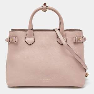 Pre Owned Burberry Pink Leather and House Check Fabric Medium Banner Tote