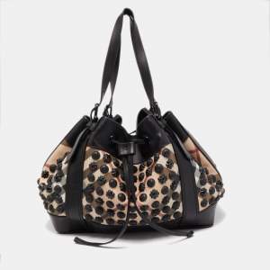 Pre Owned Burberry Black/Beige Supernova Vinyl and Leather Large Warrior Hobo