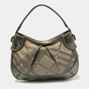 Pre Owned Burberry Metallic Grey Beat Check Canvas and Leather Hobo