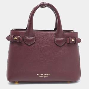 Burberry Burgundy/Beige Leather and House Check Fabric Small Banner Tote